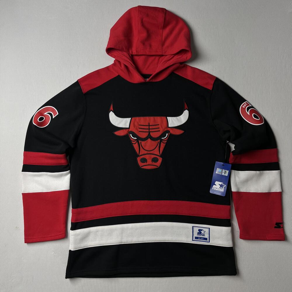 Chicago Bulls Sweatshirt Mens Large Black NBA Basketball Starter Hoodie